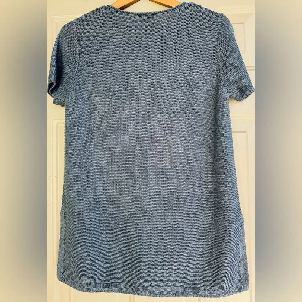 Eileen Fisher Blue Short-Sleeve Sweater with Striped Scarf